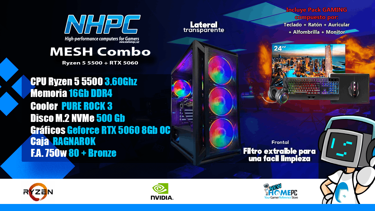 Combo PC Gaming NHPC Mesh - Ryzen 5 5500 - 5060 - 16GB - 500GB - Monitor - Periféricos